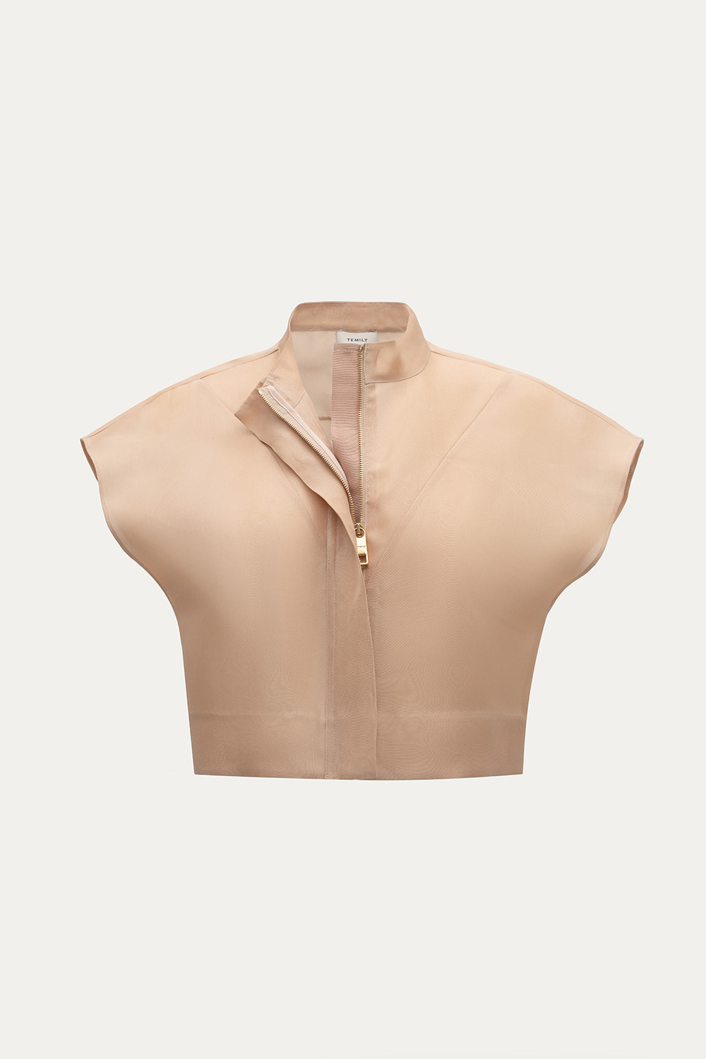 Ghost mannequin photography of beige zip front top in NYC